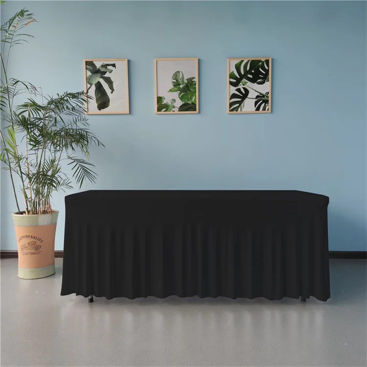 Rectangle polyester banquet elastic stretch table cover outdoor ruffled spandex wedding table cloth skirt