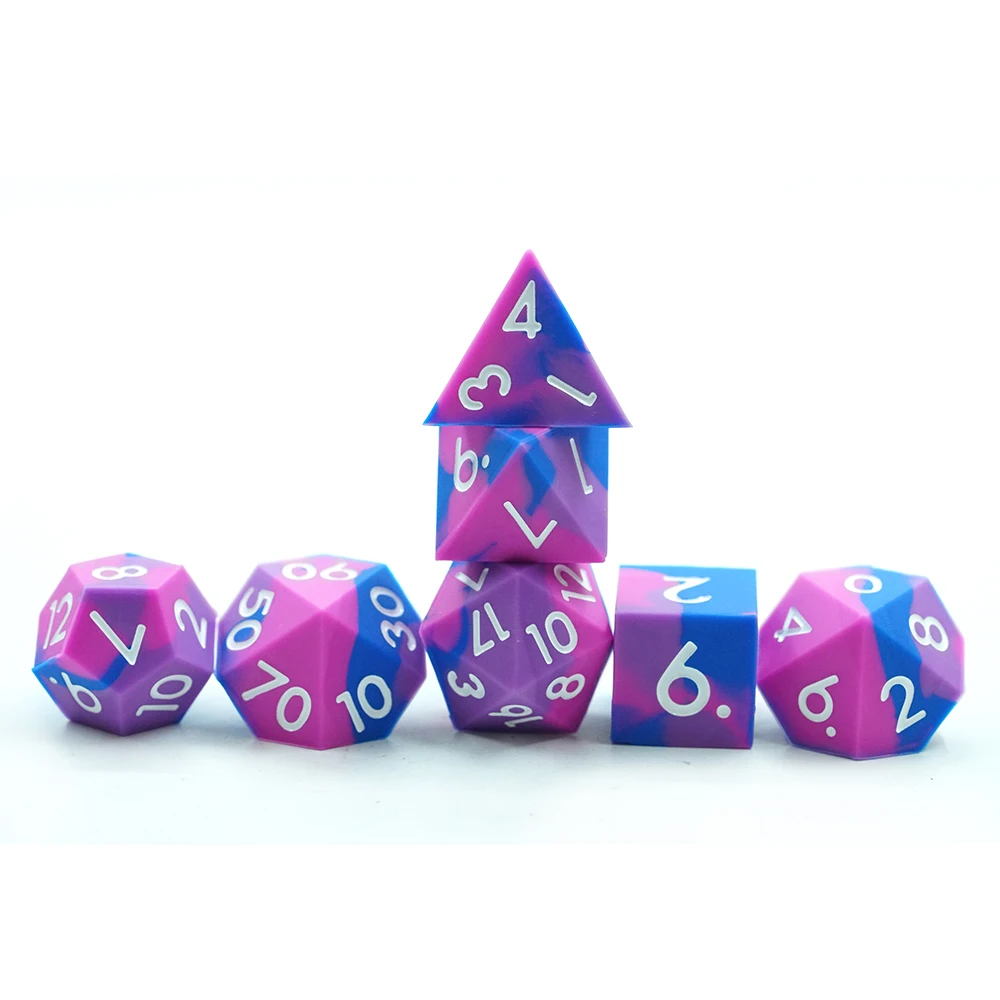 7 Piece Silicone DND Dice Set DND Tabletop RPG Games Sharp Edge Squishy Rubber 3 Color Mix 16mm Size