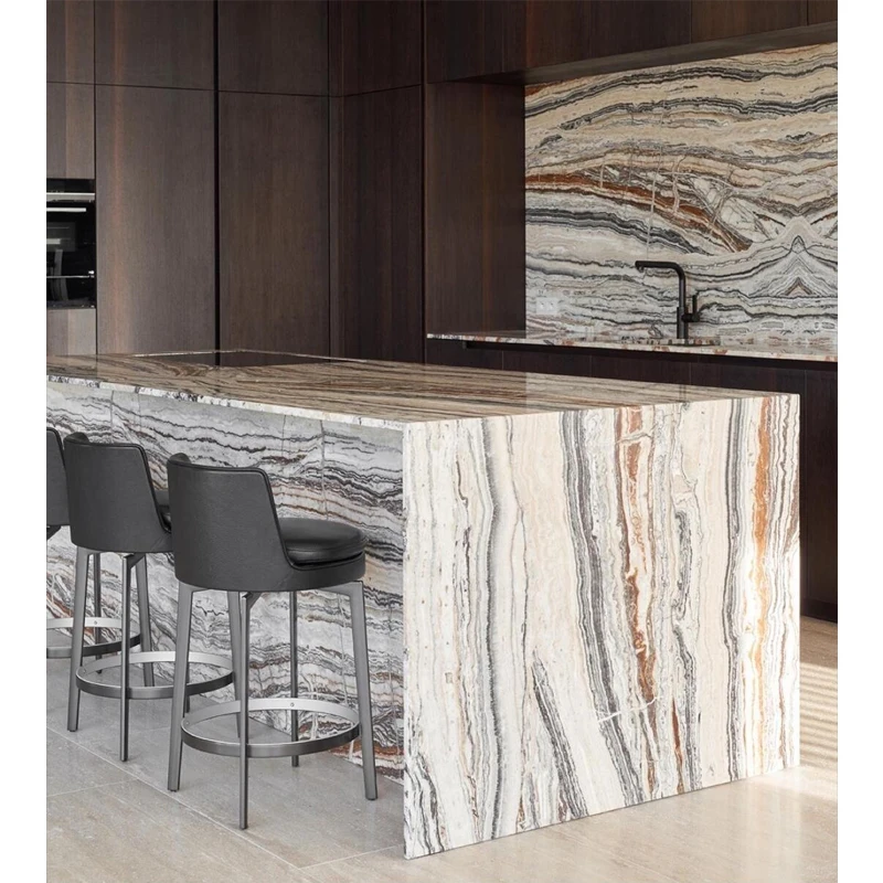 Tiramisu Jade Travertine Marble Kitchen Island Countertop Polished Surface for Interior Living Room Reception Vanity Tops Table