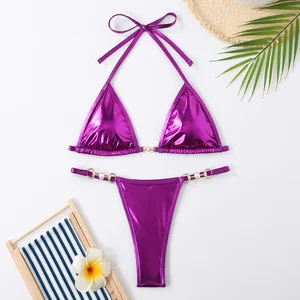 Metallic Halter Bikini Set with Pearl Trim Sexy Backless Two Piece Swimwear with Thong Bottom Spandex/Nylon Breathable for Women