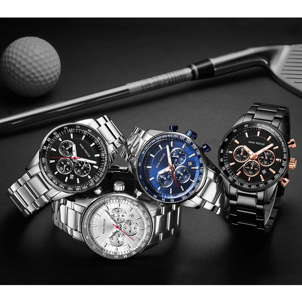 MINI FOCUS MF0187G Latest New Design Business Mens Watch Hot Quartz Stainless Steel Strap 3 Dials Chronograph Wholesale Watch