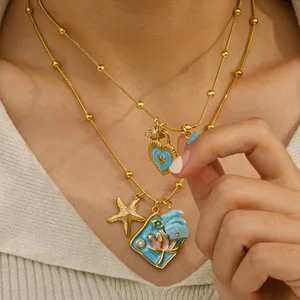 Pearl Ocean Series Sporty Necklace Bamboo Chain Lotus Painted Oil Dropping Stainless Steel Pendant Shell Earrings Women's Set