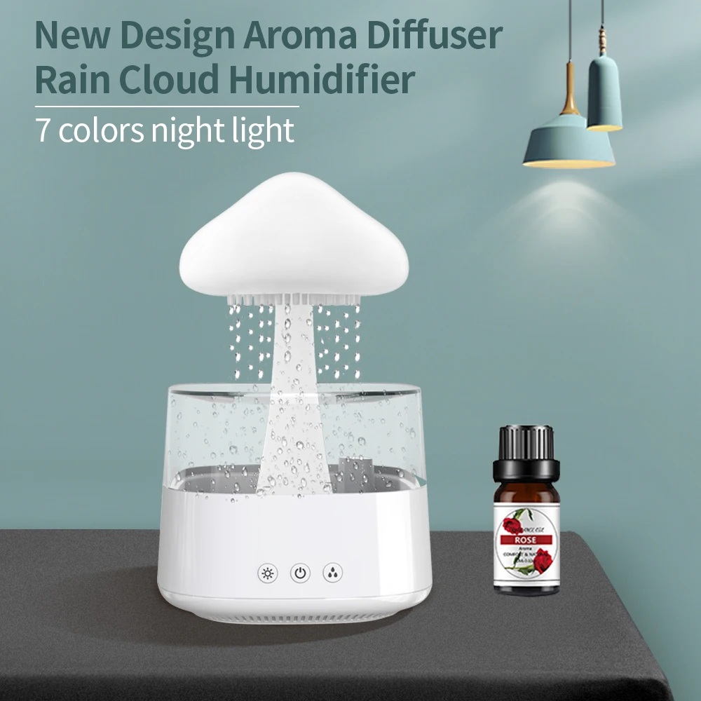 USB Mushroom Humidifier Rain Drop  Portable Rain Cloud Diffuser Aroma Essential Oil with 7 Colors LED Light for Bedroom Office