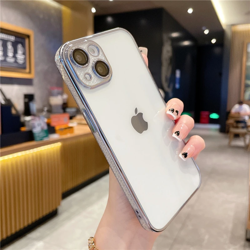 Diamond Gold Plated Soft Frame clear Phone case for iphone 11 12 Pro  Max,for apple iphone 13 Glitter Side Bumper case