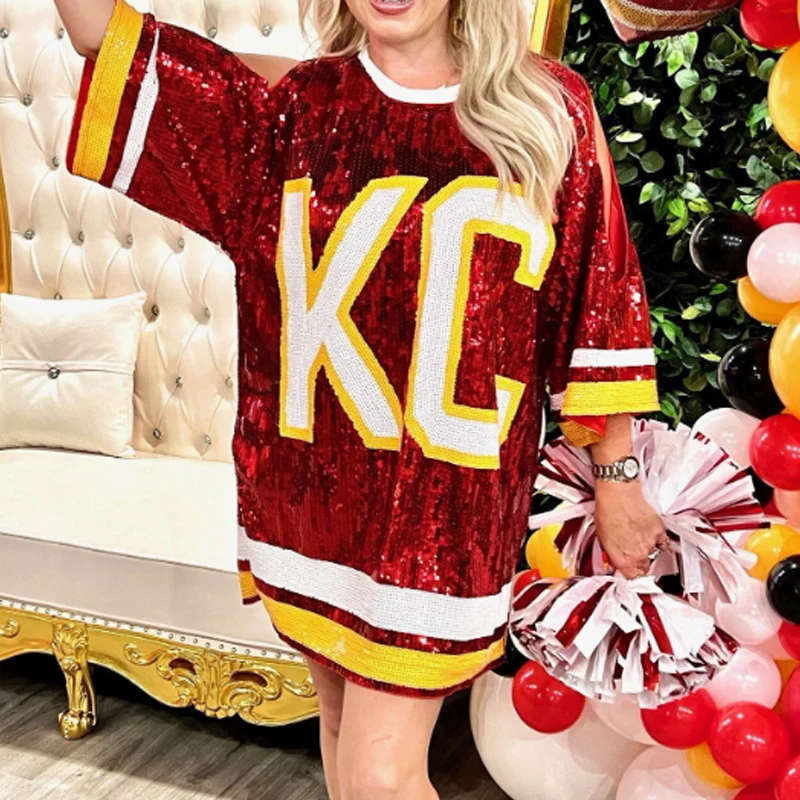 Personalized Team Spirit Jersey Game Day Sequin Mini Dress Kansas City  Sequin Dress KC Sequin T-Shirt Dress