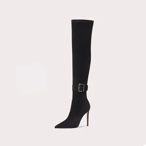 New Trendy Custom Luxury Fashion Calf High Boots Botas Dama Sexy Brown Leather Knee High Boots Zip Winter for Women Denim