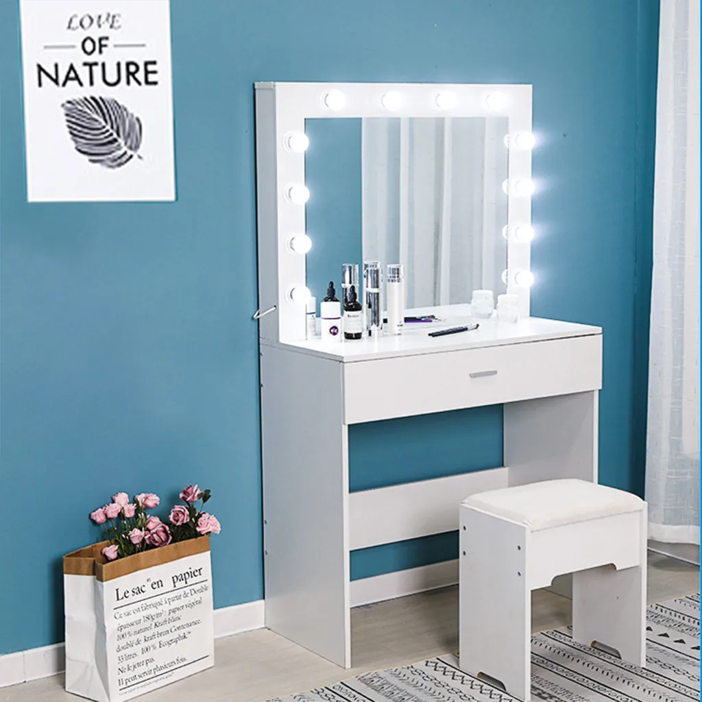 Details about   Vanity Table Set w/12 Bulbs Hollywood Mirror Dresser & Cushioned Stool USA 