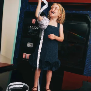 Custom Summer Girls' Denim Dress Sculptural Flowers Hem Square Neckline-Casual 100% Cotton Breathable Eco-Friendly Knee-Length