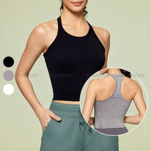 Women's I-Shaped Back Breathable Sleeveless Yoga Top Running Training Workout Tank with Chest Pad