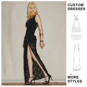 Custom LOGO OEM Wholesale Sexy Fashion Lace Dresses Black Hollow Slim Sleeveless Dresses Victoria Lace Slit  Maxi Women Dress