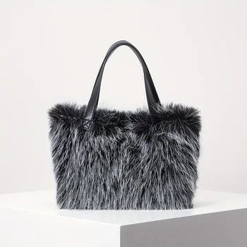 Mixed Bags Wholesale  Y2K Fur Stylish Plaid Pattern Plush Woman Women's Tote Handbag For Ladies