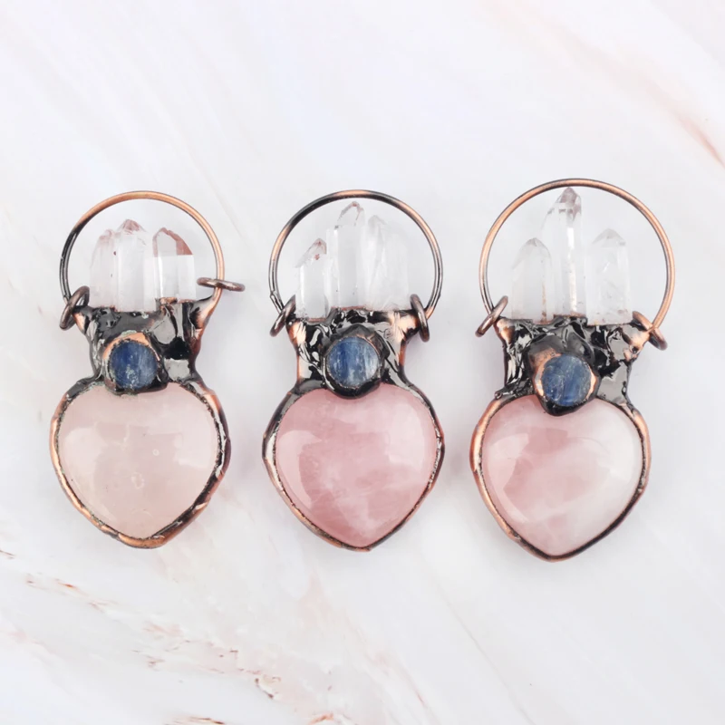 Wholesale Natural Crystal Healing Stone Rose Quartz Heart With Copper Pendant for Decoration