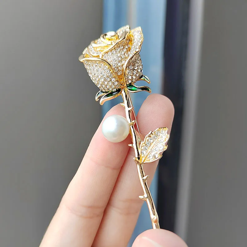 Luxury Rose Flower Brooch Wholesale Trendy Men Women Full Diamond Brooch  Pin Dress Decoration Jewelry