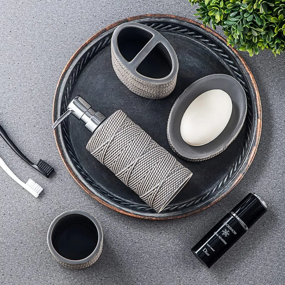 Ceramic Bathroom Decor Set Accessories 4 Pieces Grey Embossed Porcelain