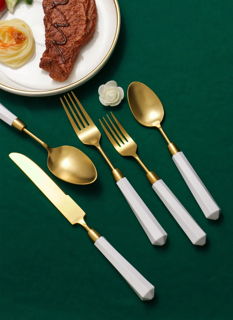 2022 Trendy Acrylic Handle Flatware High Quality Brushed Gold Cutlery