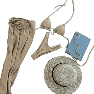 2026 Custom Logo Solid Brazilian Bikini Set Sexy 3-Piece Push Skirt Women High Cut Bottom Halter Spandex/Polyester Eco-Friendly