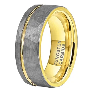 Coolstyle Jewelry 8mm Gold Two Tones Hammered Offset Line Tungsten Carbide Ring for Men Women Fashion Wedding Band Comfort Fit
