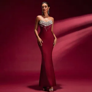 ADYABY Diamond Details Red Bandage Dress Off Shoulder Sleeveless Backless Evening Gown for Valentine's Day Party