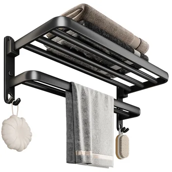 Bathroom Hardware Space Aluminum 2 Tier Foldable Towel Bar Rack Set with Double Shelf 24 Inch large Capacity