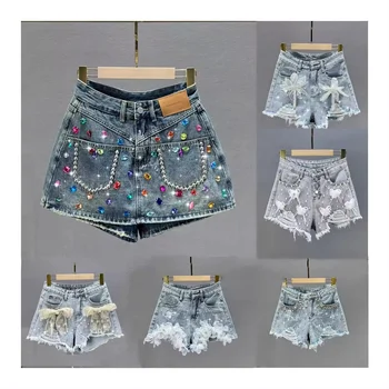 Wide-legged girl denim shorts Summer new high-waisted rip shorts loose slimming delicate rhinestone hot pants women