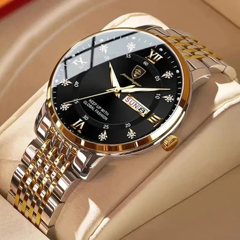 New POEDAGAR 836 Men Watch Stainless Steel Top Quality Luxury Push Button Hidden Clasp Luminous Date Week Sport Wrist Watches