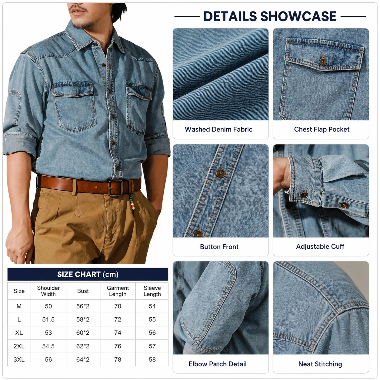 American Retro Western Cowboy Shirt Men Amekaji Long Sleeve Casual Denim Workwear Washed Tough Guy Jacket