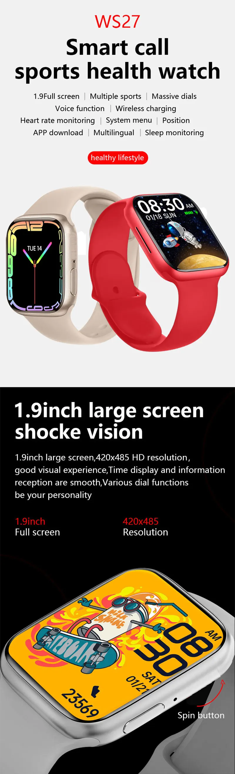 2022 Spovan Ws27 Luxury Relogio Smart Watch 1.9