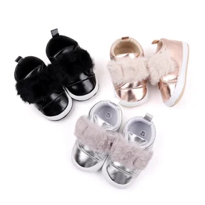 Bright PU Leather Plush Hook and Loop Solid Color Baby Girls Cute Soft Soled Toddler Shoes