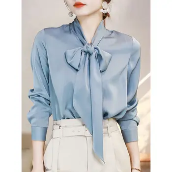 2021 Spring Fashion Korean Tops Satin Chiffon Blouse Women Loose Long Sleeve Shirt Office Lady Clothes With Bow