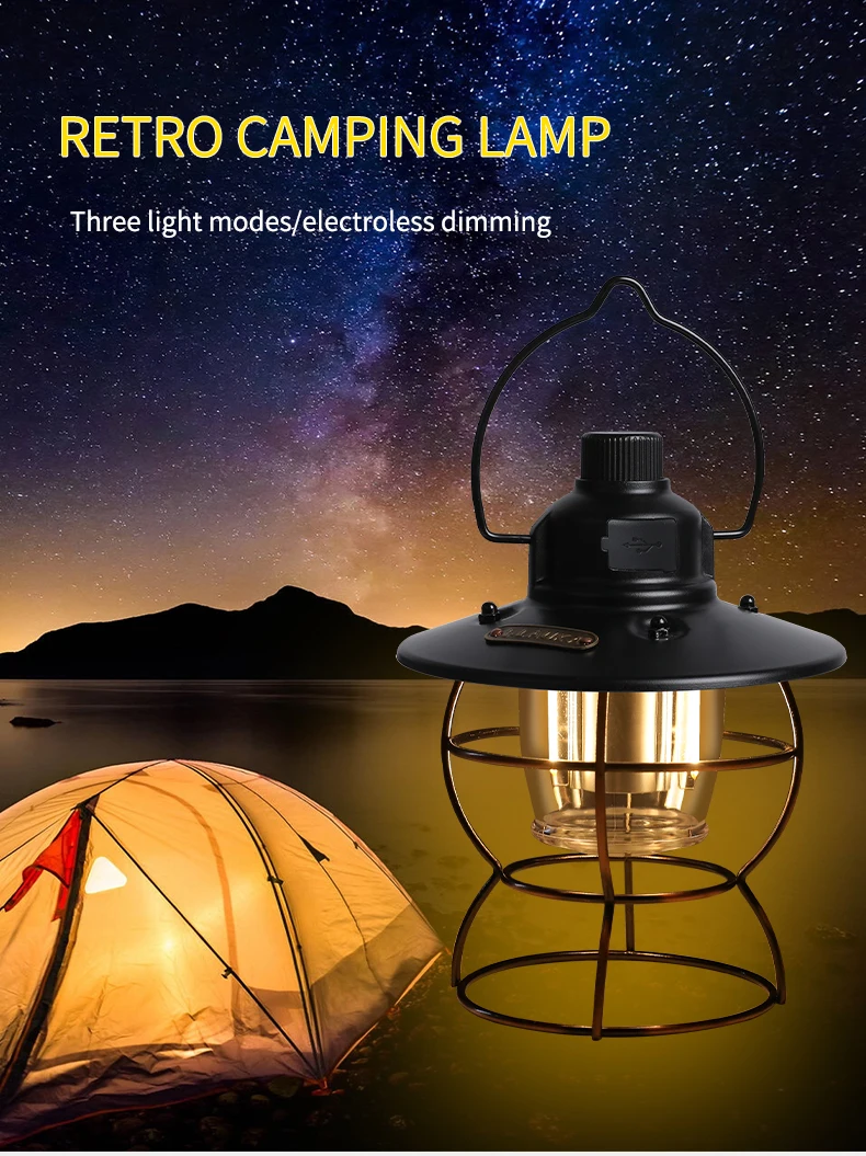 Vintage Camping Lamp Type-C USB Charging 2000mAh Portable Camping