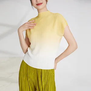 Miyake Pleated Women's Tops Women's Printed Pleated Ombre Shirt Clothing Casual Style Fashion Pleated T-shirts