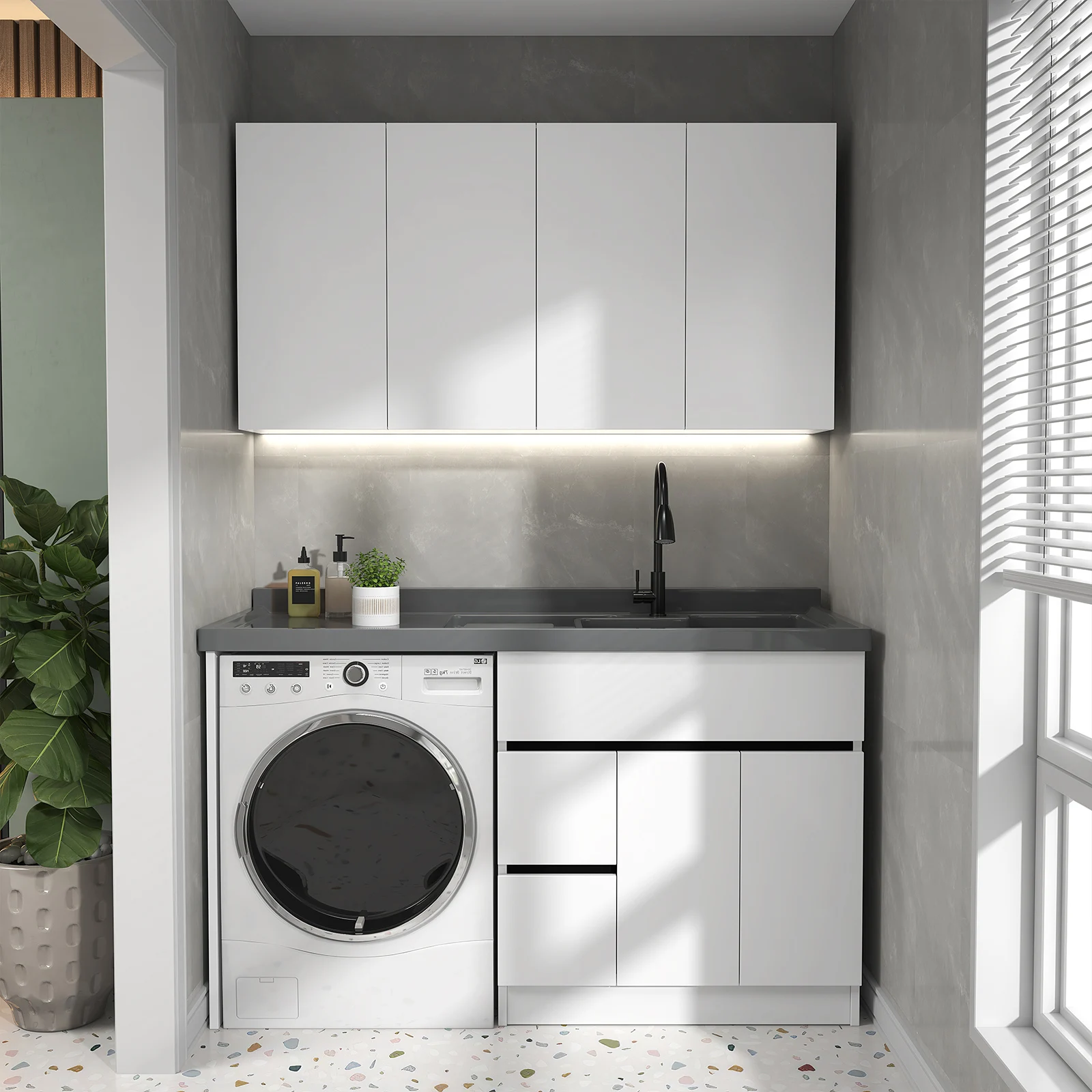 Solid Wood Washing Cabinet Basin and Cylinder Washing Machine Cabinet Are Integrated