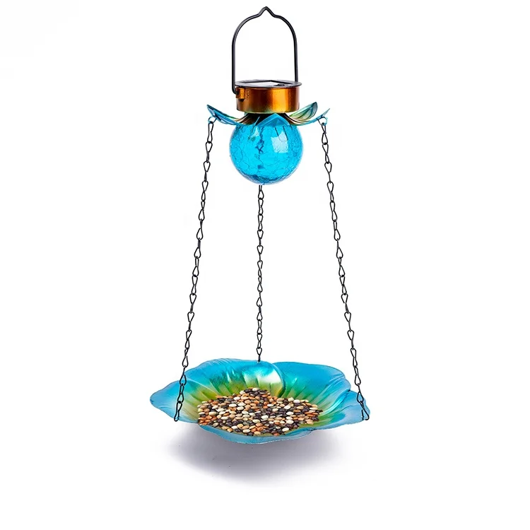 Solar Wild Bird Bath Feeder Outdoor Metal Hanging Glass Feeder Tray Crackle Ball Light Waterproof Yard  