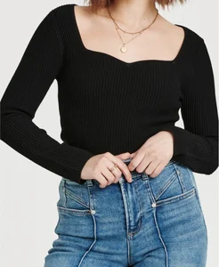Women's Autumn Black Thick Viscose/Nylon Sweater Long-sleeved Top-rib Weave Heart-shaped Collar Slim Fit Casual Daily Wear