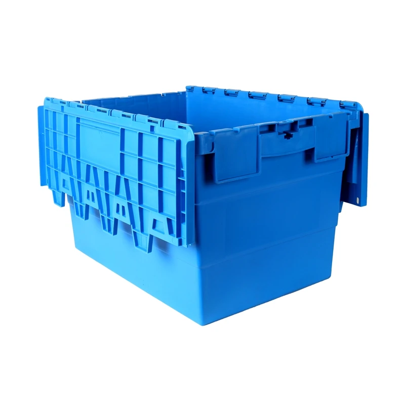 Standard Blue Attached Lid Container Plastic Storage Transport Tote Box Custom Logo Color Nestable Stackable Plastic Moving Crat supplier
