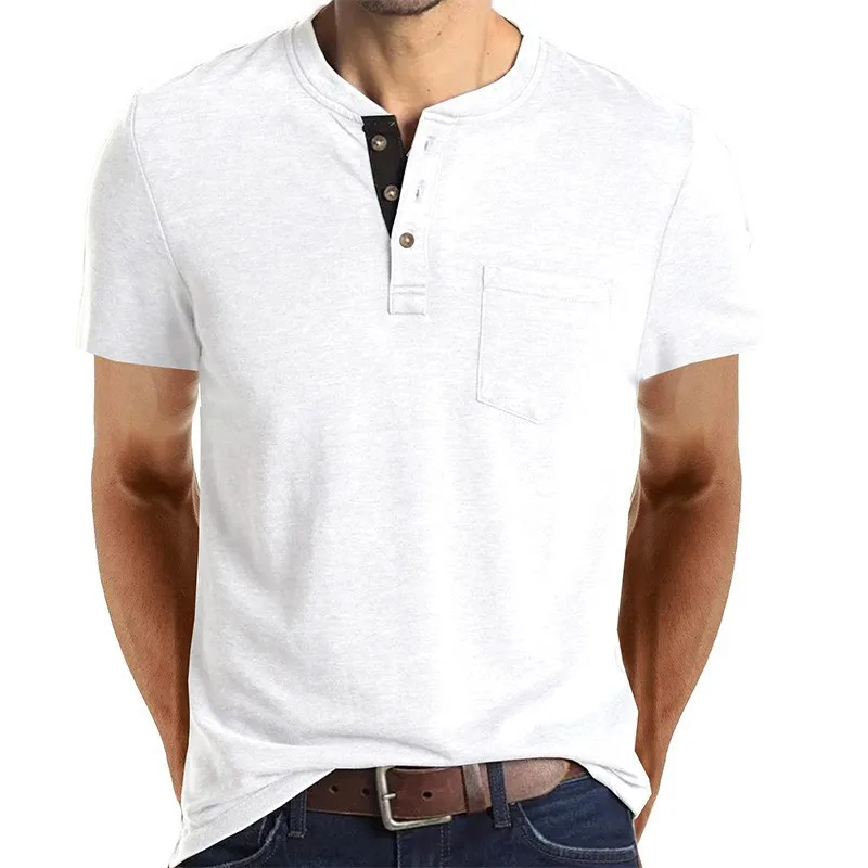 2023 Summer new button men's short sleeve t-shirt solid color loose collar polyester t shirt261_voghion.com