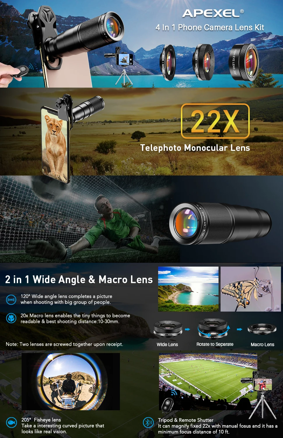 APEXEL in Camera Lens Kit Versatile for Iphone Android