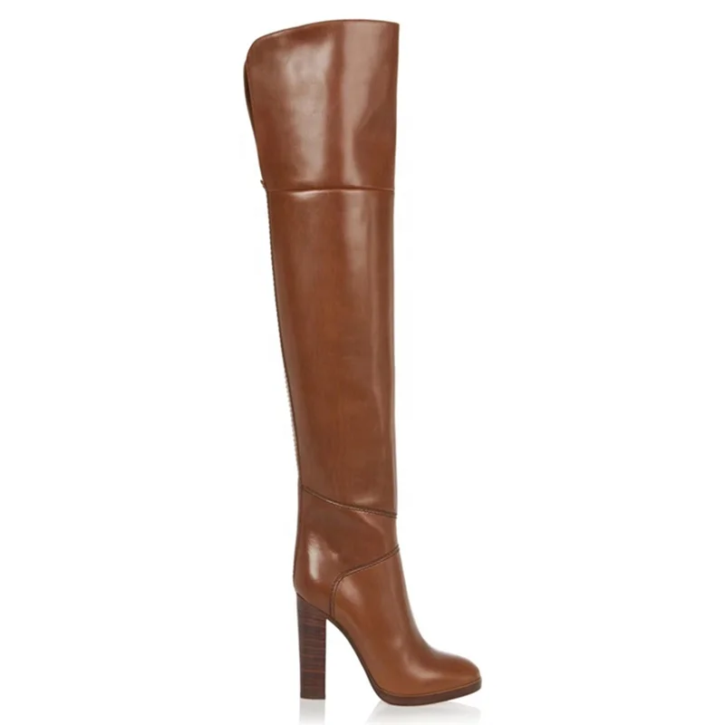 Roman Shoes Brown Leather Knight Boots for Men Women Chunky High Heel Round Toe Back Cut Comfortable Winter Boots Over the Knee