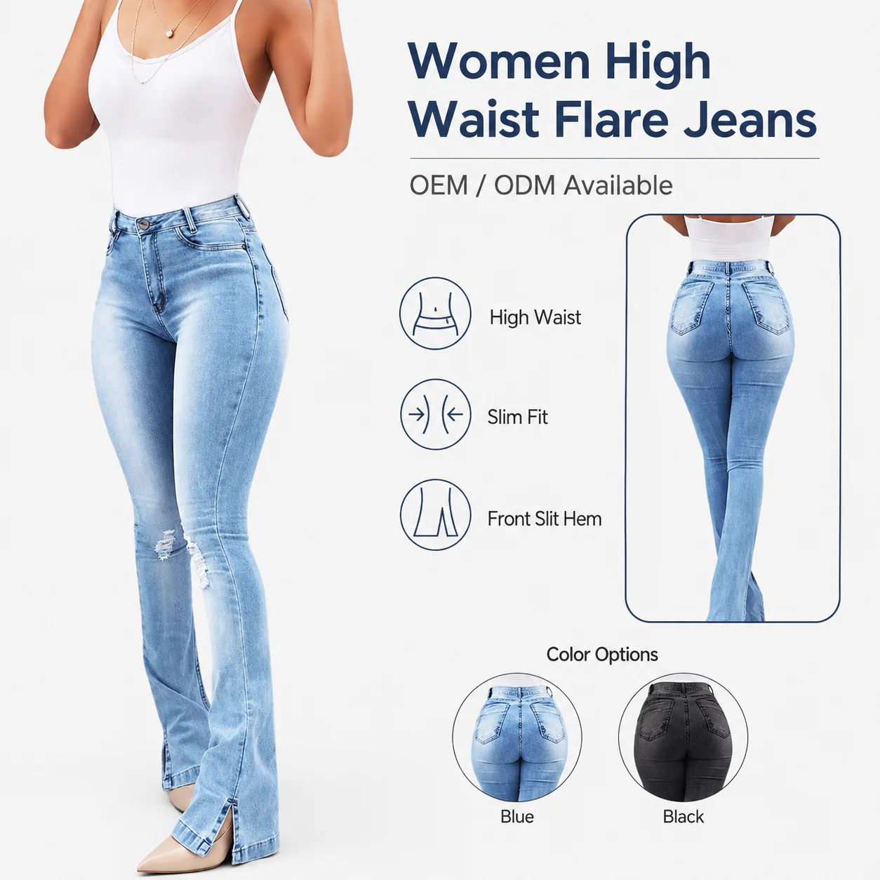 Ladies High Waist Wide Leg Raw Denim Trousers Pants Sexy Slim Skinny Fit Baggy Women's Jeans with Ripped Look
