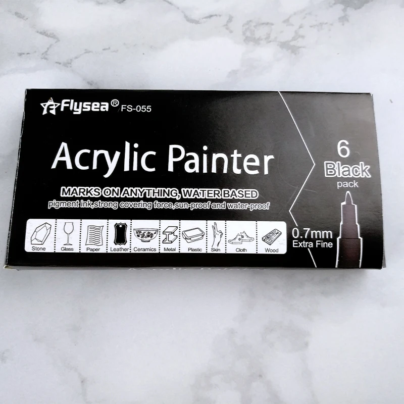 Flysea Black Paint Pens 0.7mm Line Width Acrylic Permanent Markers 6pcs/ Set Graphic Marker Pens