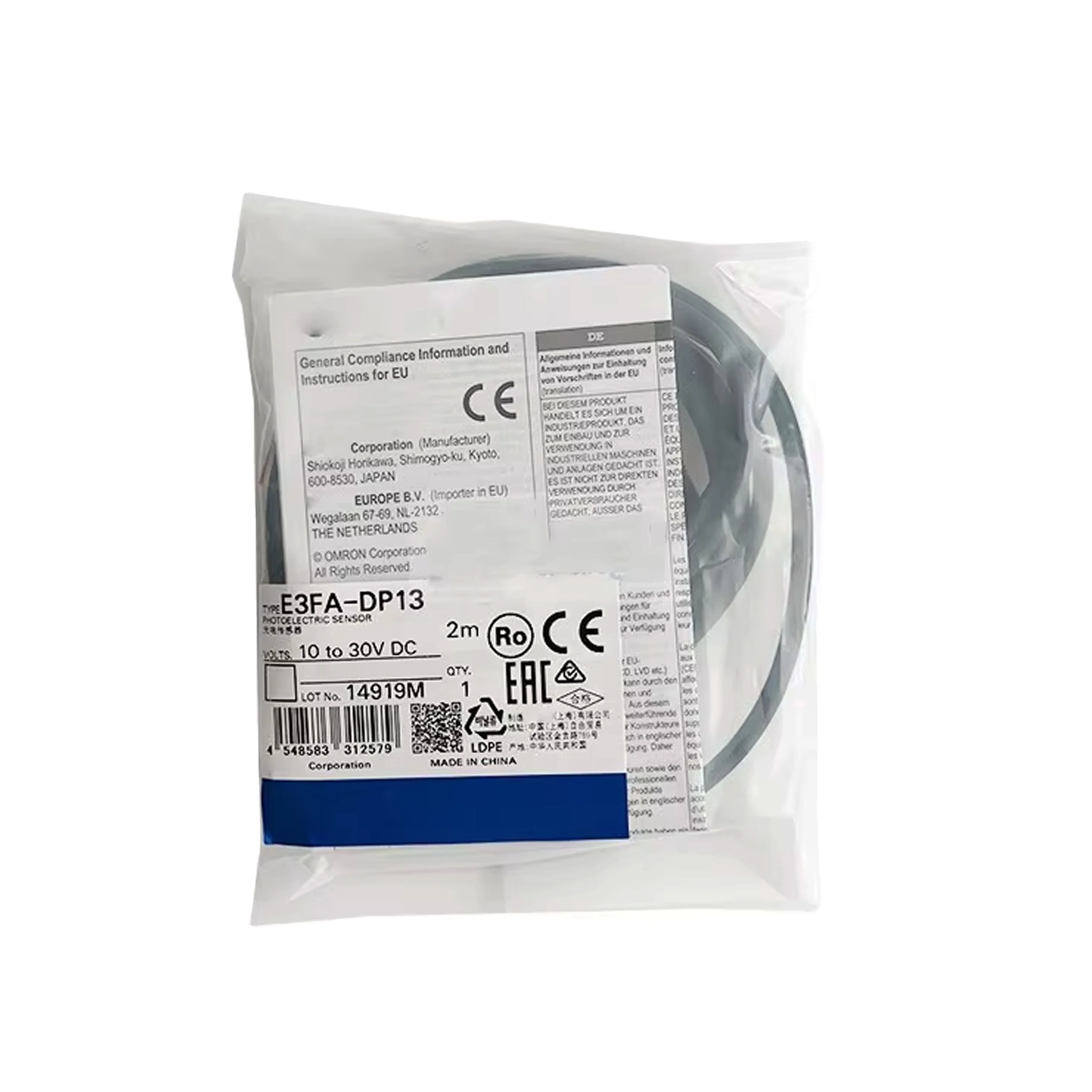 New Original Omron E3FA series photoelectric sensor. Diffuse-reflective type, 50–300mm sensing distance, PNP output, 10–30V DC power supply, IP67 protection, easy adjustment. Used for object detection, positioning and counting in conveyor, packaging and a