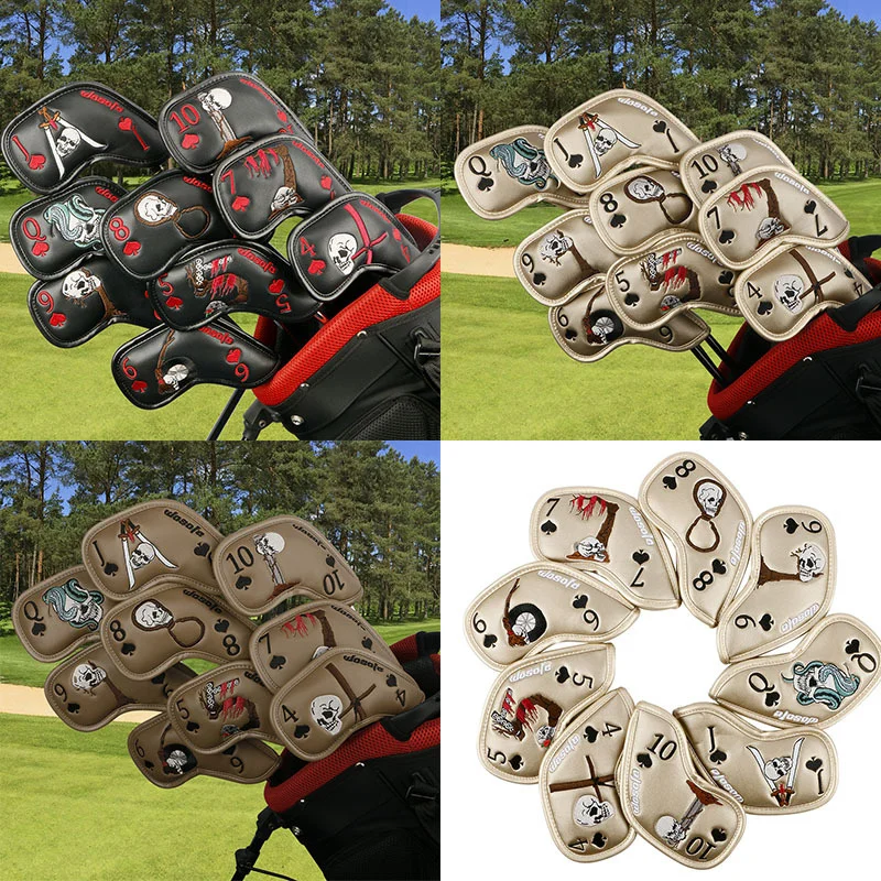 New Design High Quality Black Brown Cartoon Poker Embroidery Wear-resistant Portable 9 Pcs/set Iron PU Leather Golf Headcovers