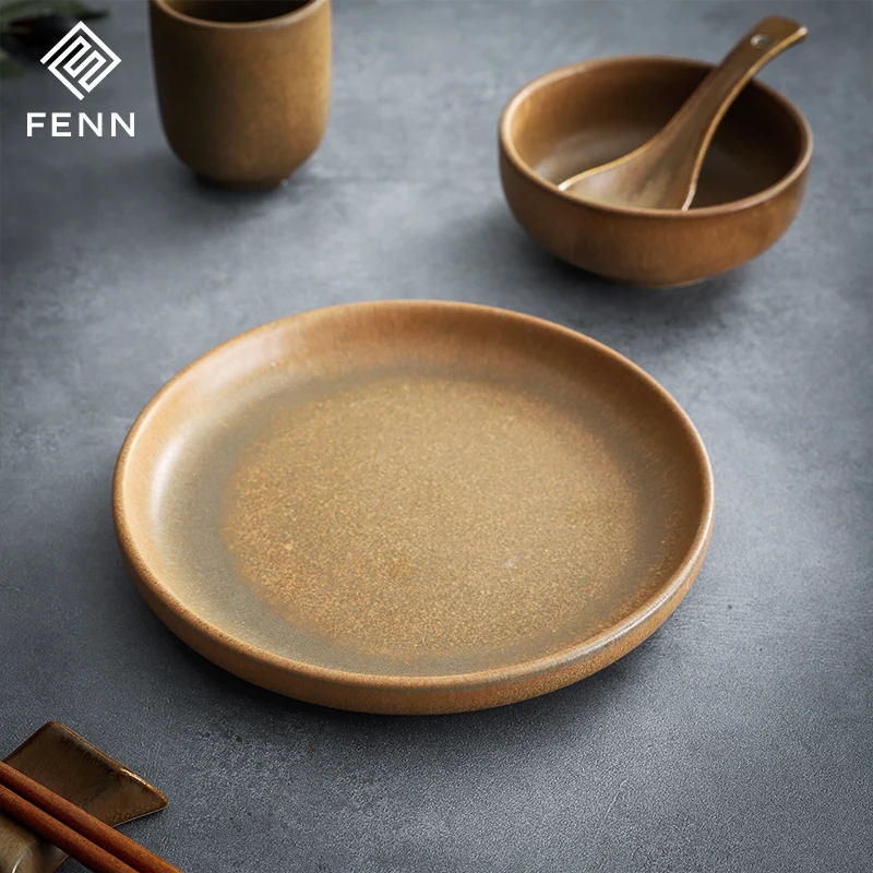 FENN Oven Safe Japanese Style Antique Ceramic 7.25 inch Cake Dessert Plate Sushi Plates Glazed Dinnerware Durable Porcelain Dish