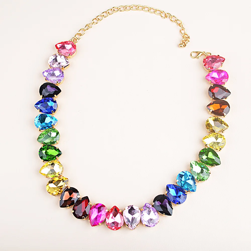 Exaggerate Chunky Colorful Crystal Geometric Necklace Sparkling Rhinestone Crystal Water Drop Necklace for Lady