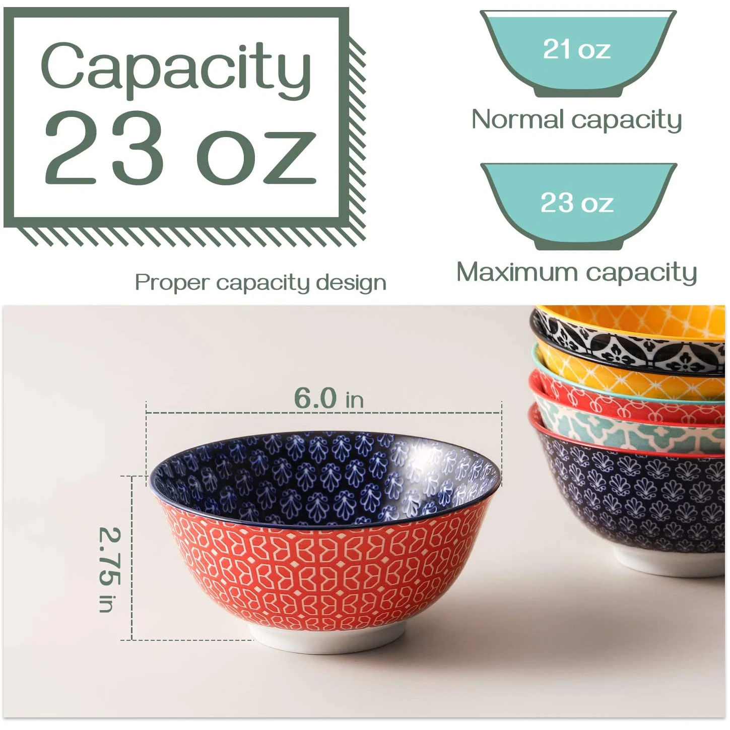 23oz Gift Set Colorful Printed Newly Designed Kitchen Cereal Soup Serving Ceramic Bohemian Bowls Set of 6 factory