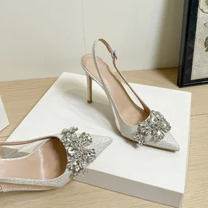 2026 New Elegant Female High Heels French Party Wedding Sandals Pointy Light Mouth White Fine Heel Rhinestone-Diamonds Sexy