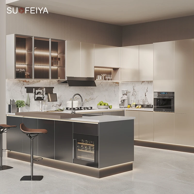 Factory Supply Customized Smart Joinery Durable High Gloss Grey UV Lacquer L-Shaped MDF Kitchen Island Cabinet for Dubai
