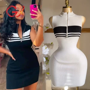 GX5925 Fashion Summer Women Cloth Boutique Sleeveless O-Neck Sexy Knitted Mini Dress Color Patchwork Casual Street Wear Dresses