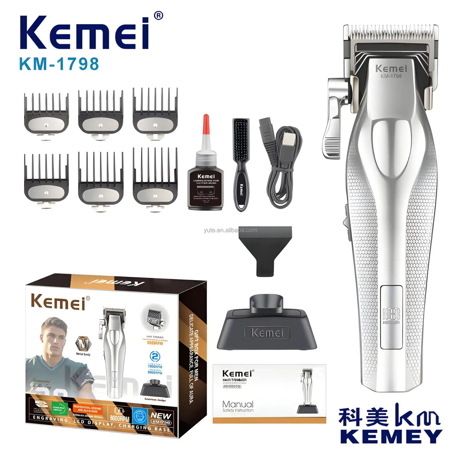 Tondeuse &agrave; cheveux Kemei KM-1798 Real Material avec lame rev&ecirc;tue DLC, base de chargement sans fil et station de charge USB, 9000 tr/min.