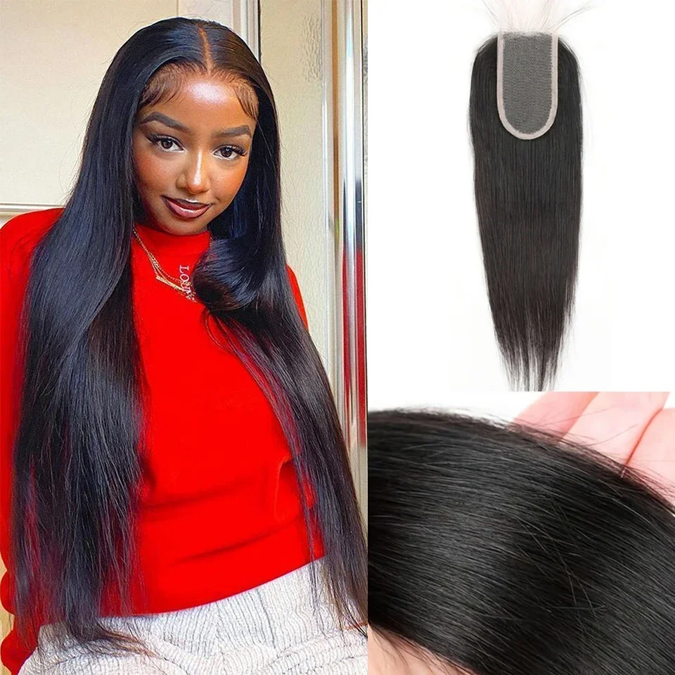 Straight Human Hair Lace Closure 2x4 Hand Tied Pre-plucked Baby Hairs Middle Part Natural Color Women_voghion.com